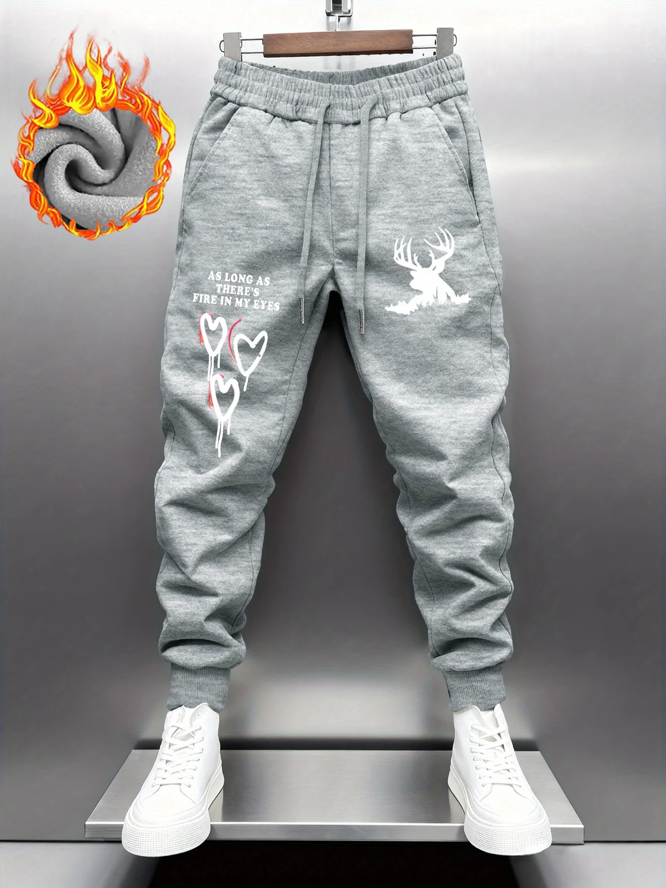 Edgy‑street deer‑figure dripping‑heart print graphic relaxed loose cut sweatpants men hip hop sports casual jogger pants