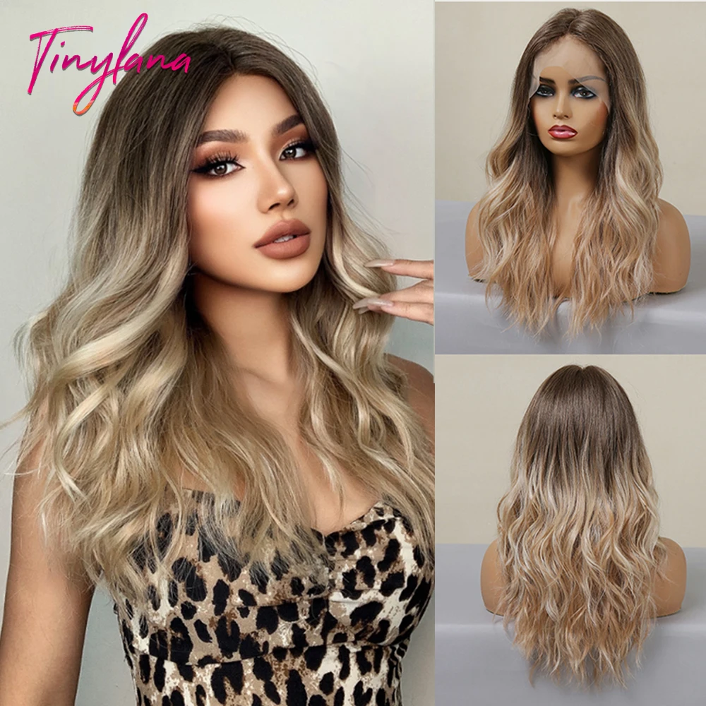 Long Wavy Synthetic Lace Front Hair Wigs Mid-Length Brown Blonde Ombre Lace Wig for Women Afro Cosplay Daily Heat Resistant Hair