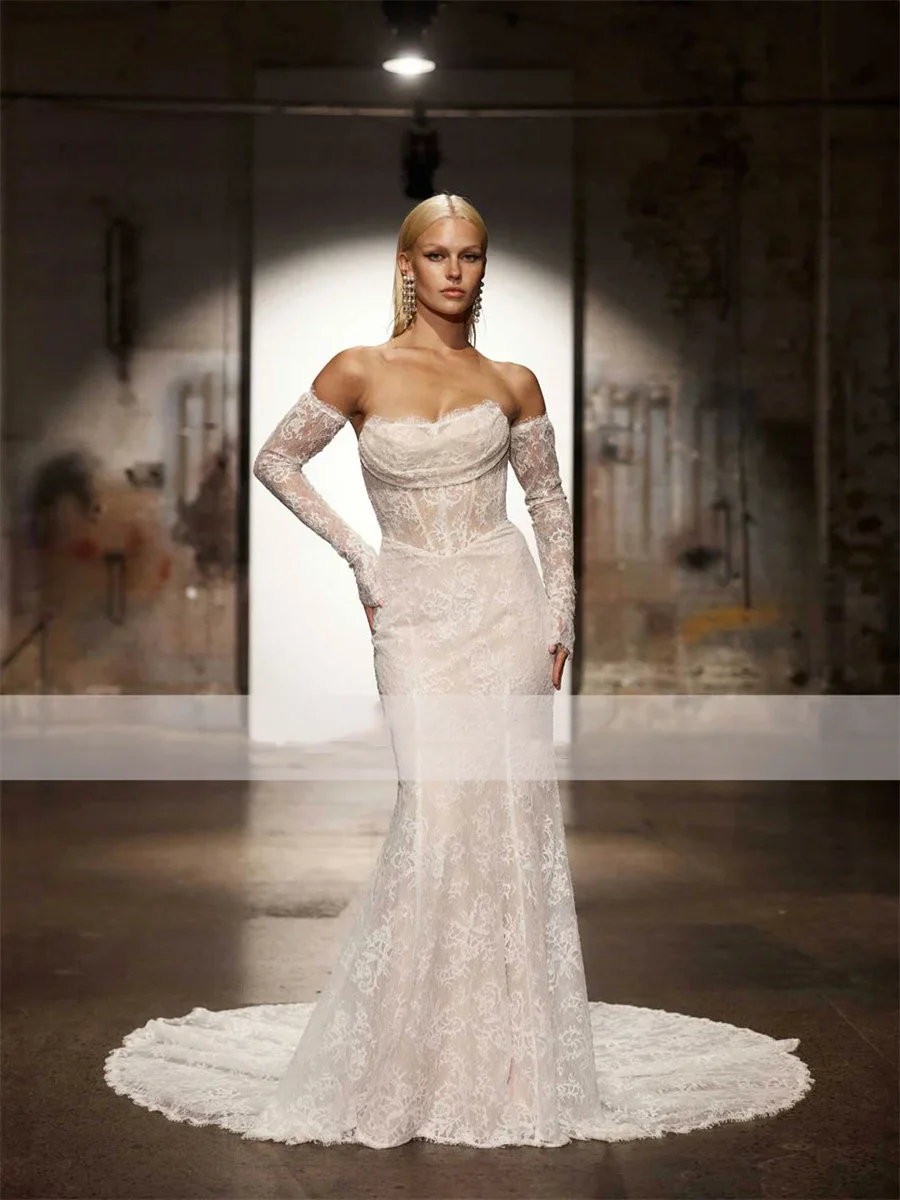 오프숄더 레이스 머메이드 웨딩드레스 긴팔 신부 드레스 여성 스윕 트레인 신부 드레스 베스티도스 데 노비아 맞춤 제작