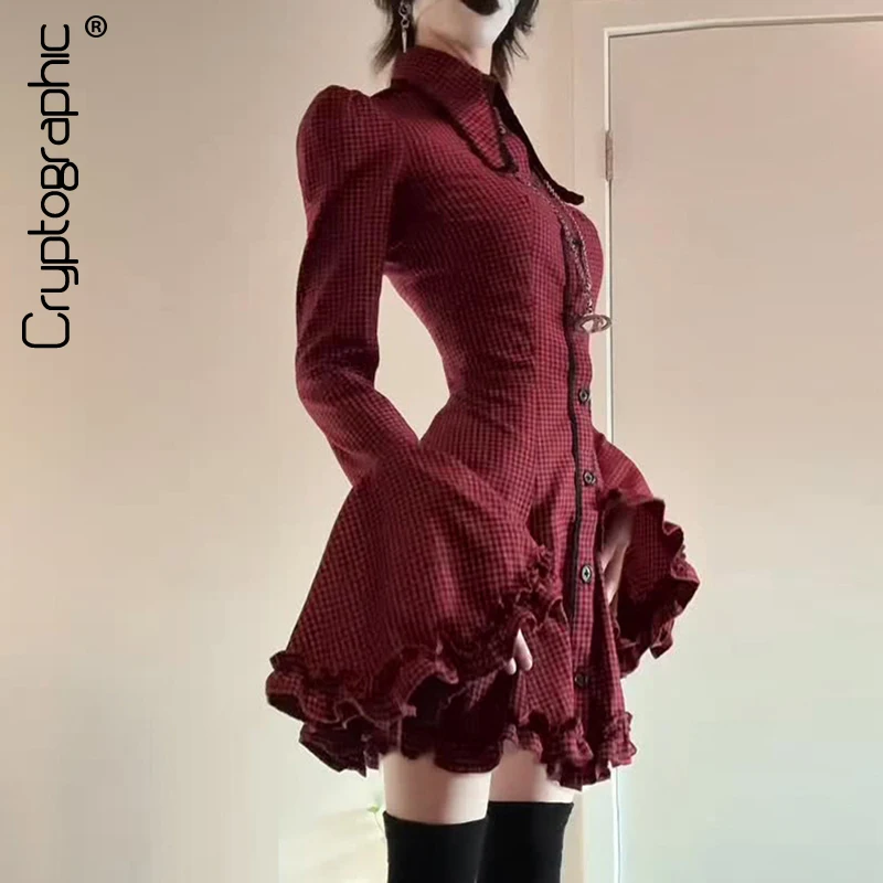 

Goth Dark Fashion Plaid Hem A-Line Shirt Dress Women Outfits Gothic Punk Festival Flare Sleeve Pleated Tie Up Dresses Christmas
