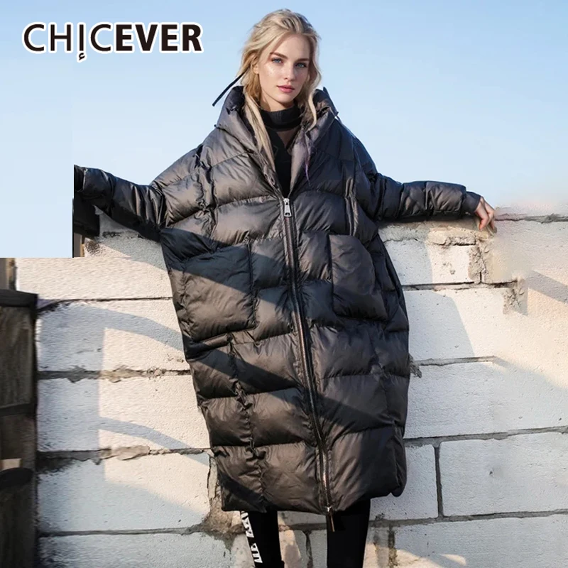 

CHICEVER прямые свободные куртки для женщин с капюшоном с длинным рукавом минималистский лоскутный пуховик на молнии Женская зимняя одежда 2024