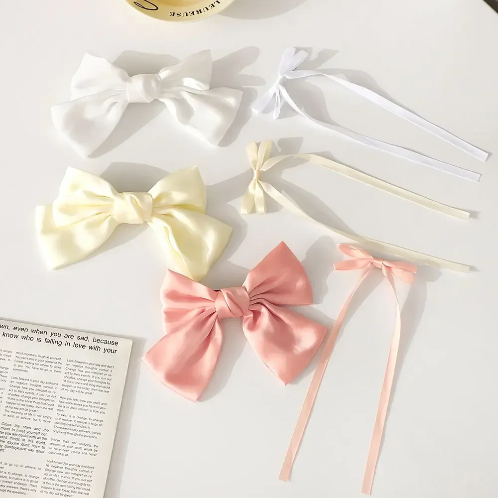 2Pcs/Set Fashion Ribbon Bow Hair Clip for Women Y2k Style Long Satin Ponytail Bowknot Hairpins Barrettes Girls Hair Accessories