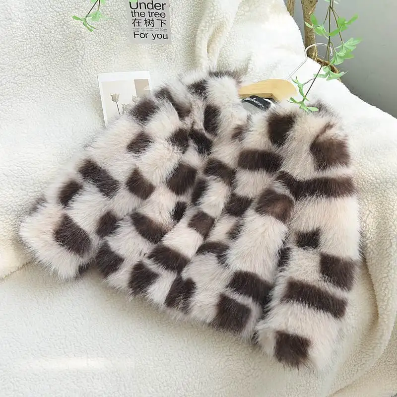 

Faux Fox Fur Coats Children Spliced Fur Jackets Plaid Round Neck Long Sleeve Coverd Button Thick Loose Casual 2025 Autumn Winter