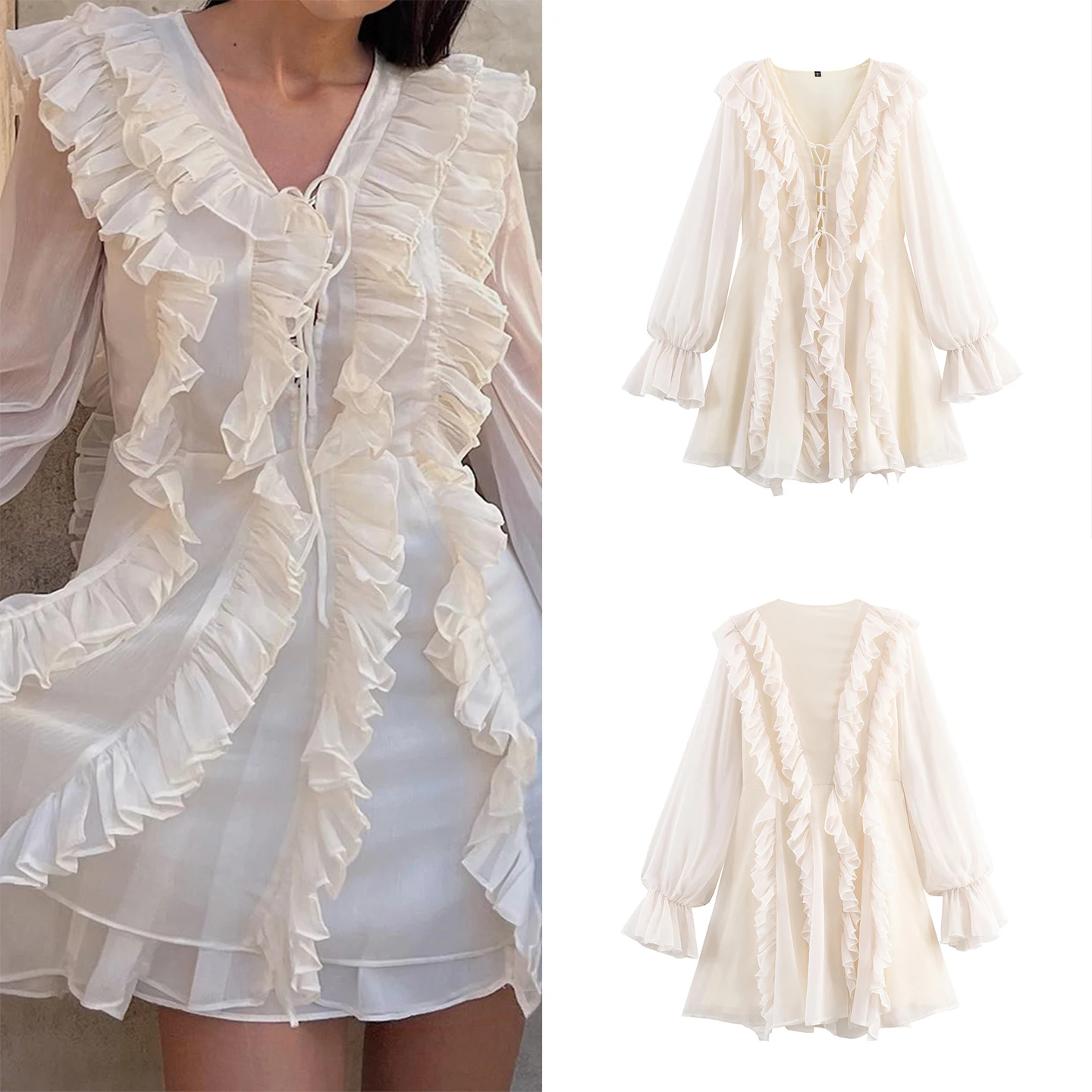 Vestido de Tule em Camadas com Estilo Doce e Barra com Babados, Manga Longa, Decote em V, Ajuste Solto, Moda Fena para o ...