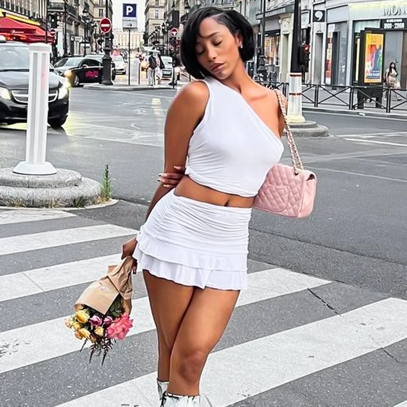 CUTENOVAWhite 2 Piece Set Women Summer Oblique Shoulder Crop Tank Tops And Ruffles Pleated Hip Skirt Matching Party Club Outfits