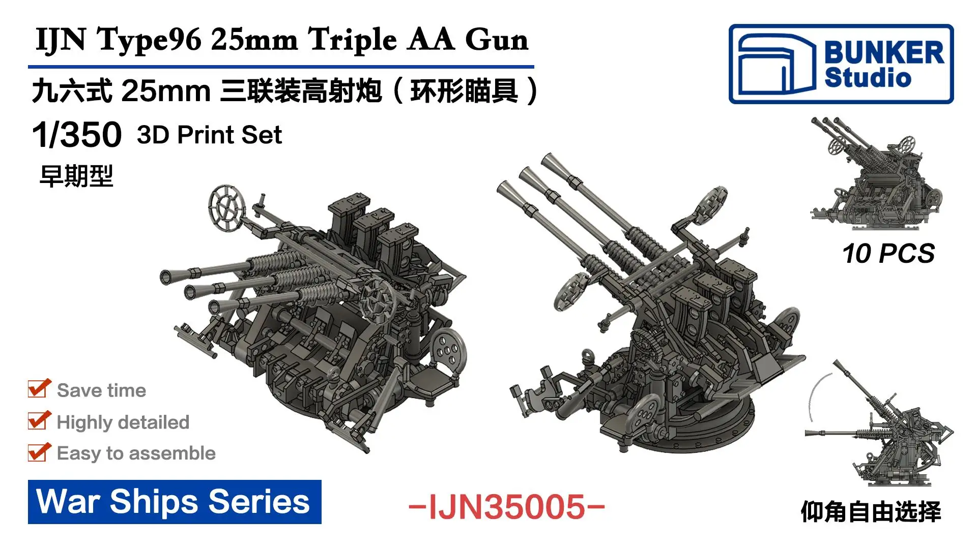 BUNKER IJN35005 1/350 Scale IJN Type96 25mm Triple AA Gun (Early)