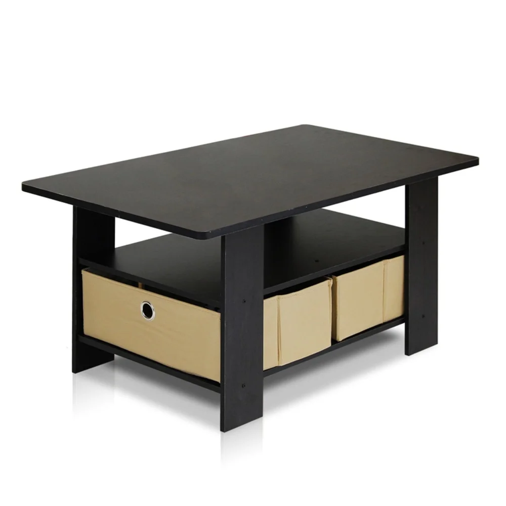 Coffee Table with Storage Bins and Lower Shelf Organizing Media Indoor Use Sturdy MDF Wood Rectangle Design Easy Care