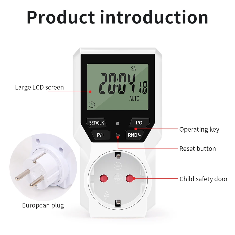 Digital Timer Switch EU Programmable Electronic Timing Socket Outlet Appliance Time Control Timed Countdown Random Function