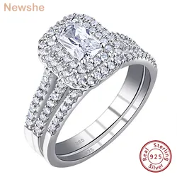 Newshe Solid 925 Silver Wedding Jewelry Double Halo Radiant Cut Engagement Bridal Rings for Women White AAAAA Cubic Zirconia