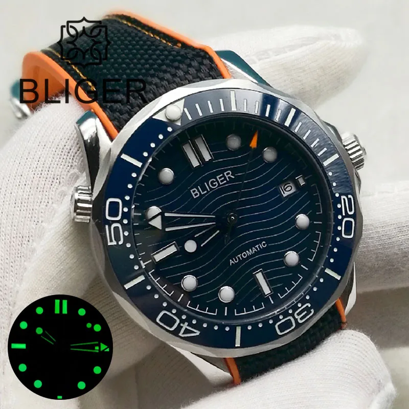 BLIGER 41mm Sapphire Automatic Men's Watch Blue NH35/Miyota 8215 Movement Ocean Waves Dial Date Display Rotating Ceramic Bezel