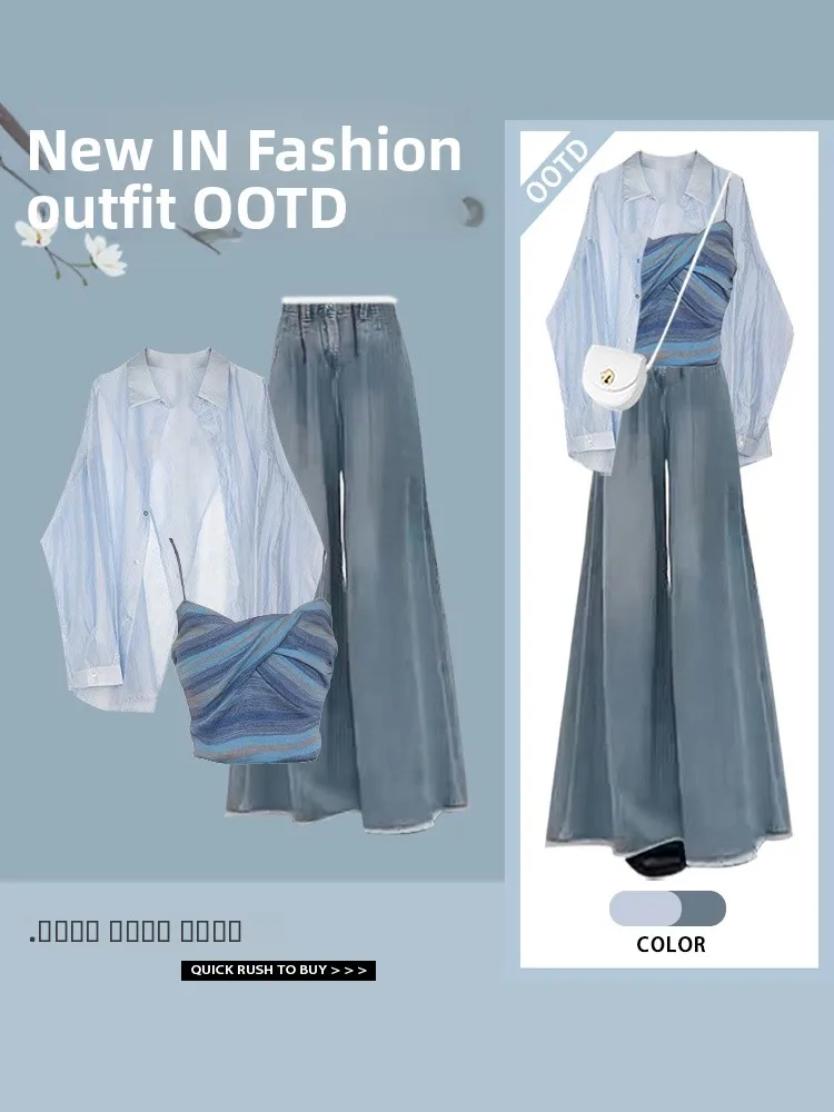 

Faionable женский комплект футболок с разрезом для защиты от солнца irt Color Blo Stripe Strap Винтажные джинсы Long Sve Po...