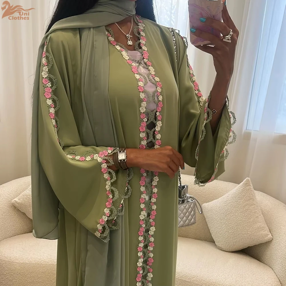 

Исламская одежда 2025 года, кружевное цветочное вышивка, роскошное кимоно Абая, Дубай, скромное открытое женское мусульманское платье Абая
