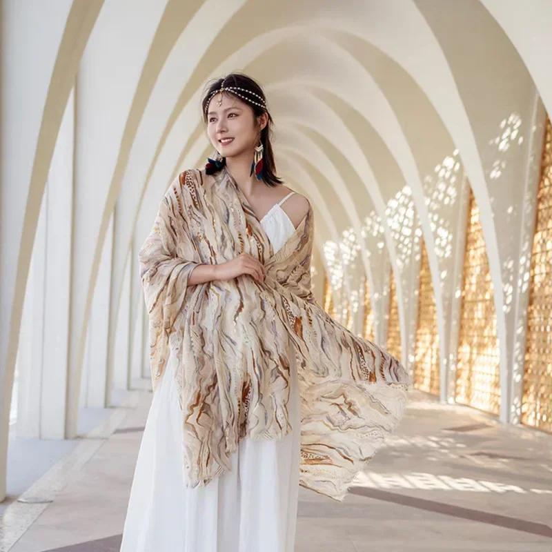 180*90 سنتيمتر الصحراء السفر الذهب طباعة شال المرأة الصيف رقيقة وشاح الشاطئ التستر بوهو شيك وشاح