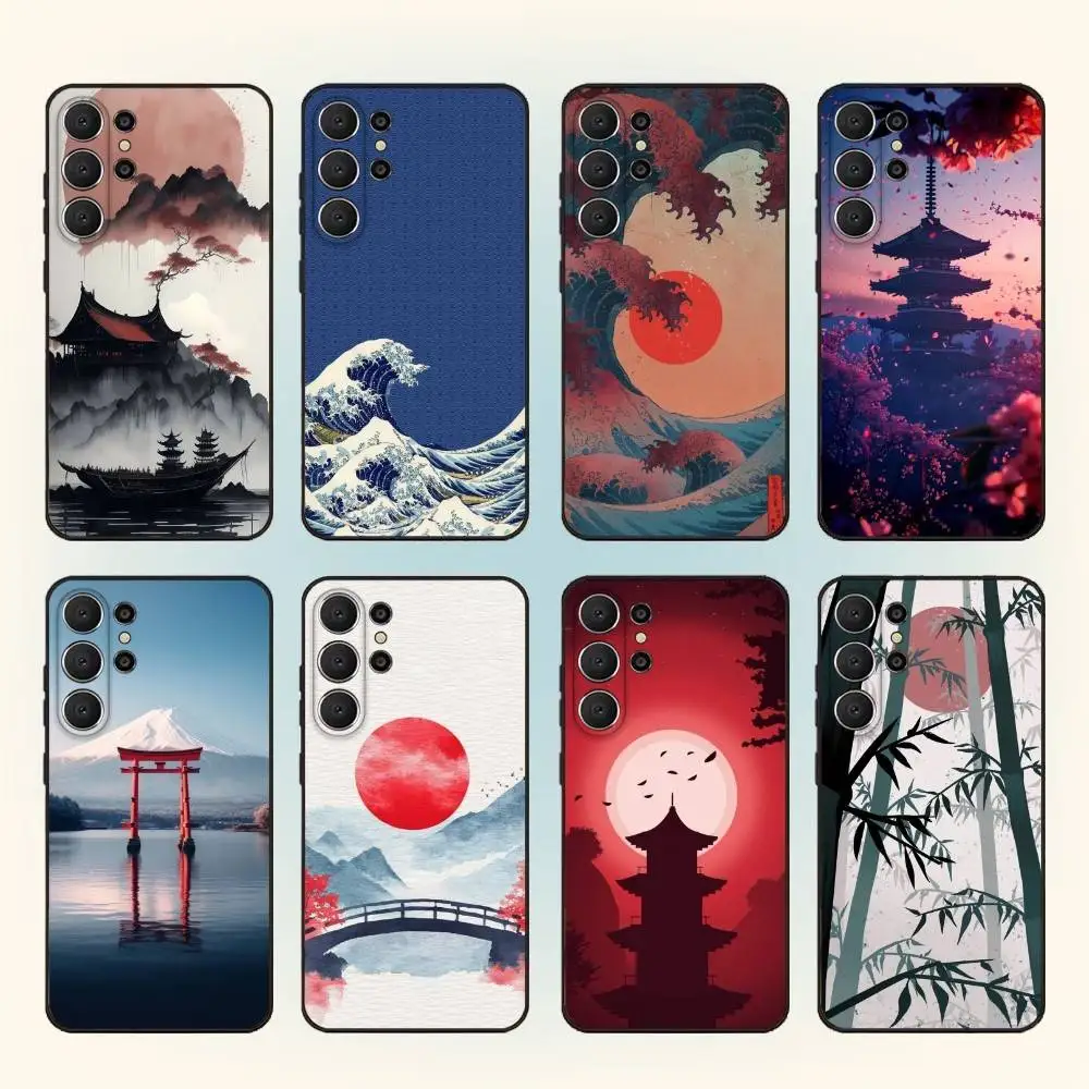 Japanese Landscape Art Elements Phone Case For Samsung S25,S24,S21,S22,S23,S30,Ultra,S20,FE,Lite,10,9,Black Cover