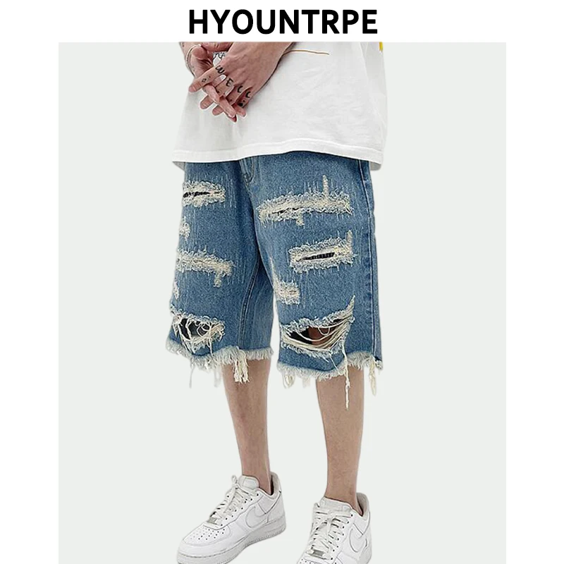 

Mens Fashion Denim Jean Shorts Summer Casual Destroyed Ripped Destressed Holes Loose Shorts Hip Hop Streetwear Shorts Joggers