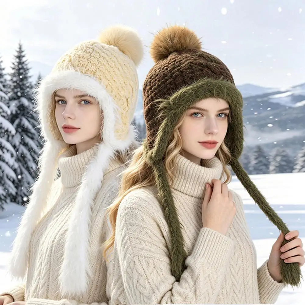 Fluffy Pom Pom Hat Women’s Knitted Earflap Hat with Fuzzy Trim Soft Warm Winter Pompom Outdoor Cycling Weather Headwear Thick