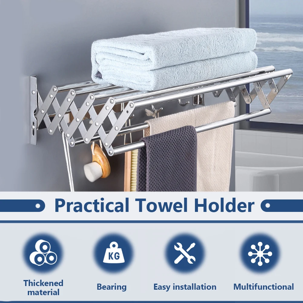

Wall Mounted Clothes Drying Rack 7 Rods 5 Hooks Retractable Collapsible Laundry Drying Rack Wall Drying Rack for Bathroom/Tower