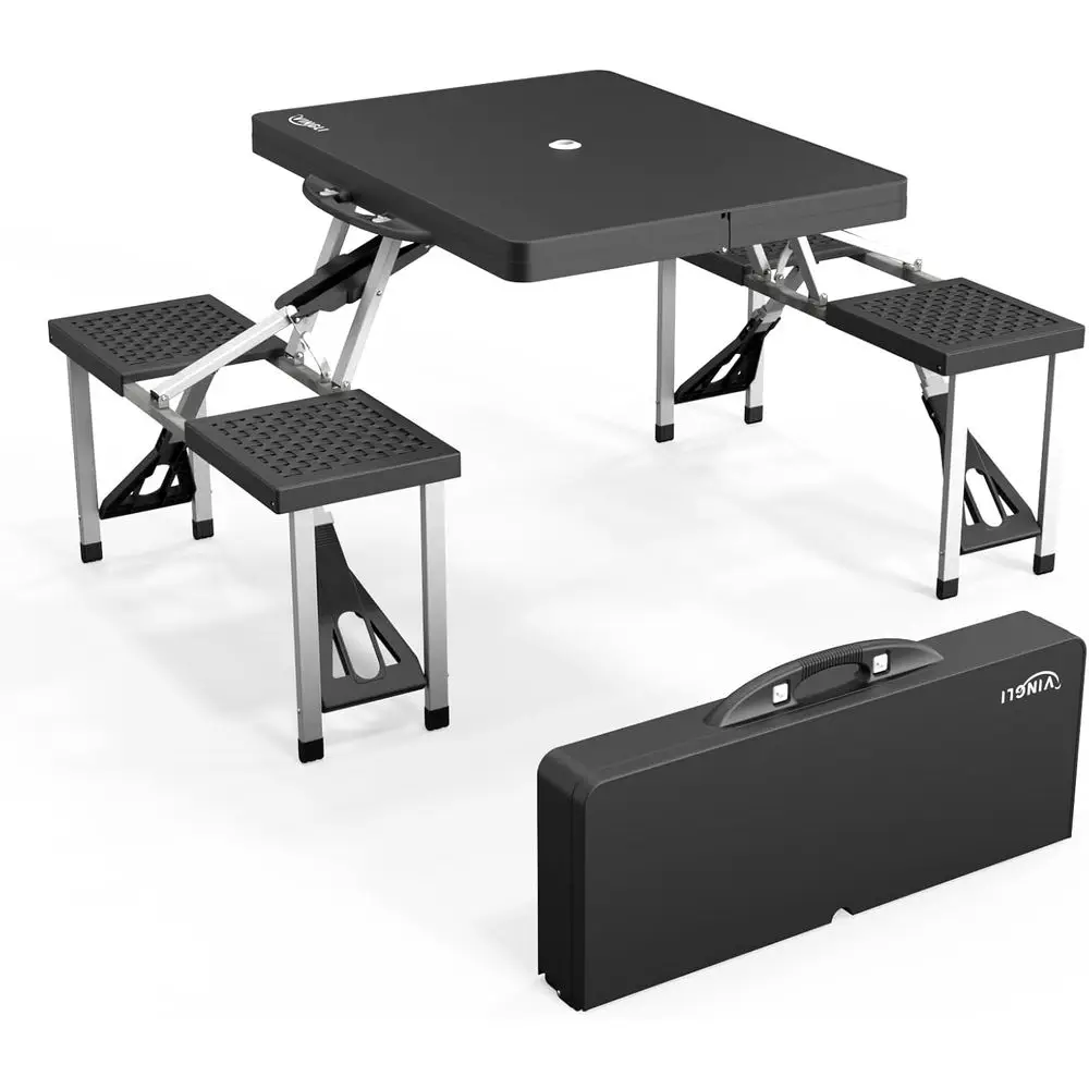 

Portable Folding Picnic Table Set with 4 Seats, Umbrella Hole, 220 lbs Support, Ideal for Camping, RV, Travel, and Outdoor Use