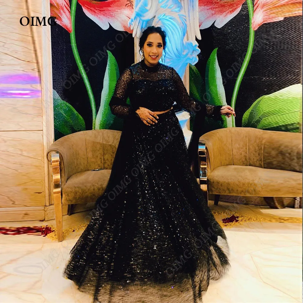 

OIMG Black Shiny Prom Dress Women's Glitter Serquins Party Evening Gown Saudi Floor-Length Muslim Special Occasion Gowns 2024