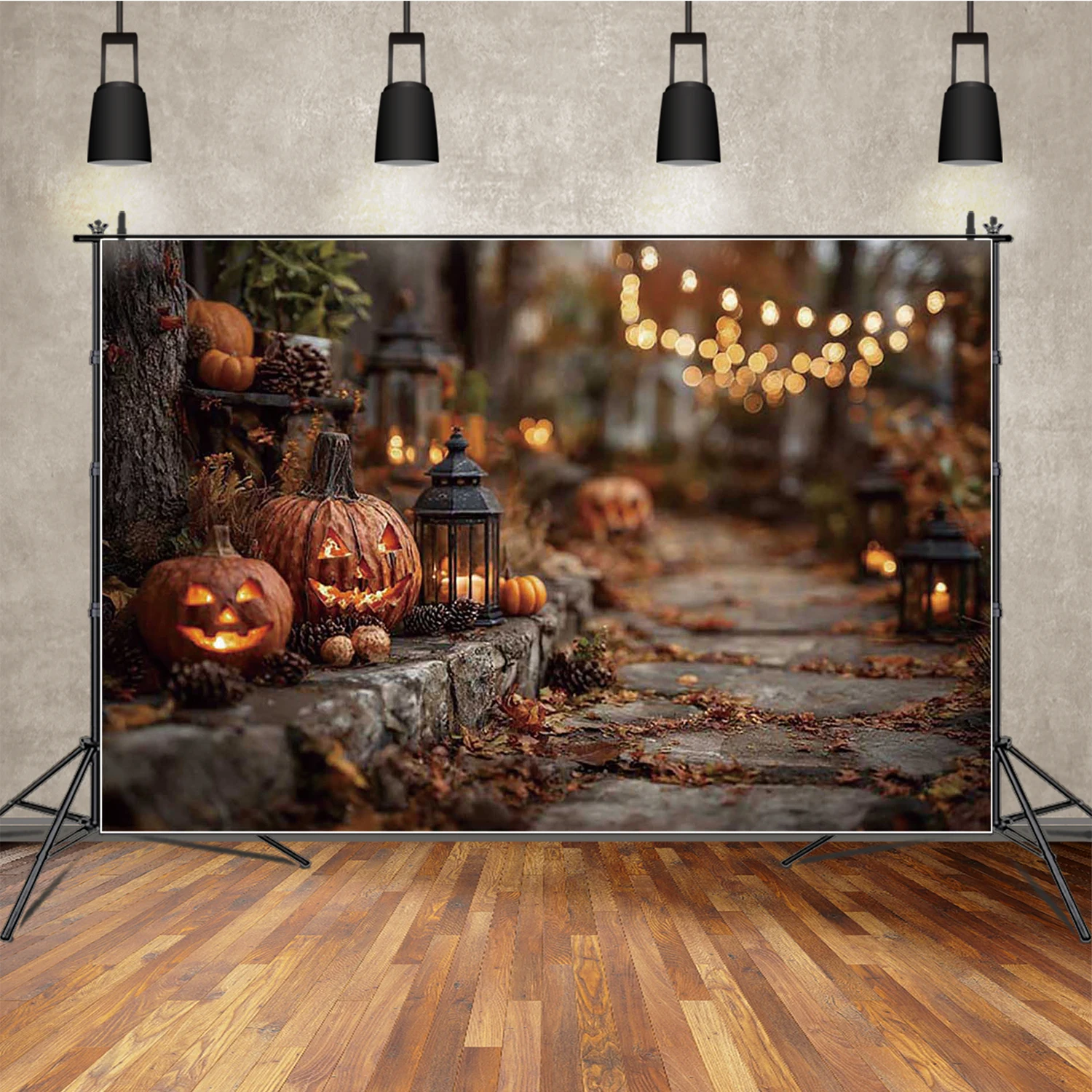 

MOON.QG Rural Halloween Path Backdrops Pinecones String Lights Lanterns Backgrounds For Photographs Wallpaper Party Photocall