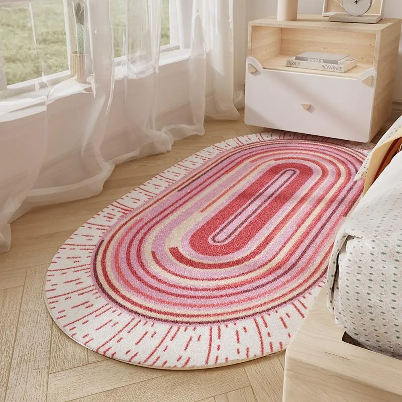 

Bedroom Bedside Carpet Non-slip Soft Dirt-resistant Floor Mat Minimalist Pink Line Oval Rug Long Home Decoration Foot Mats Ковер