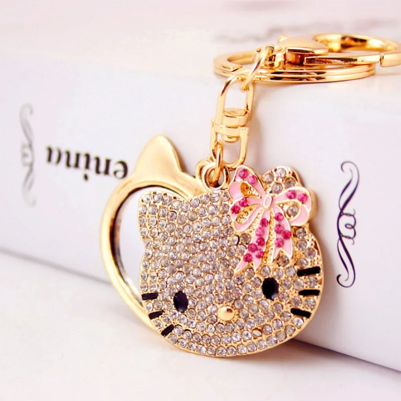 Hello Kitty Kawaii Diamond Inlaid Cartoon Cat Head Makeup Mirror Keychain Women Bag Accessories Pendant Women Gift Wholesale view 3