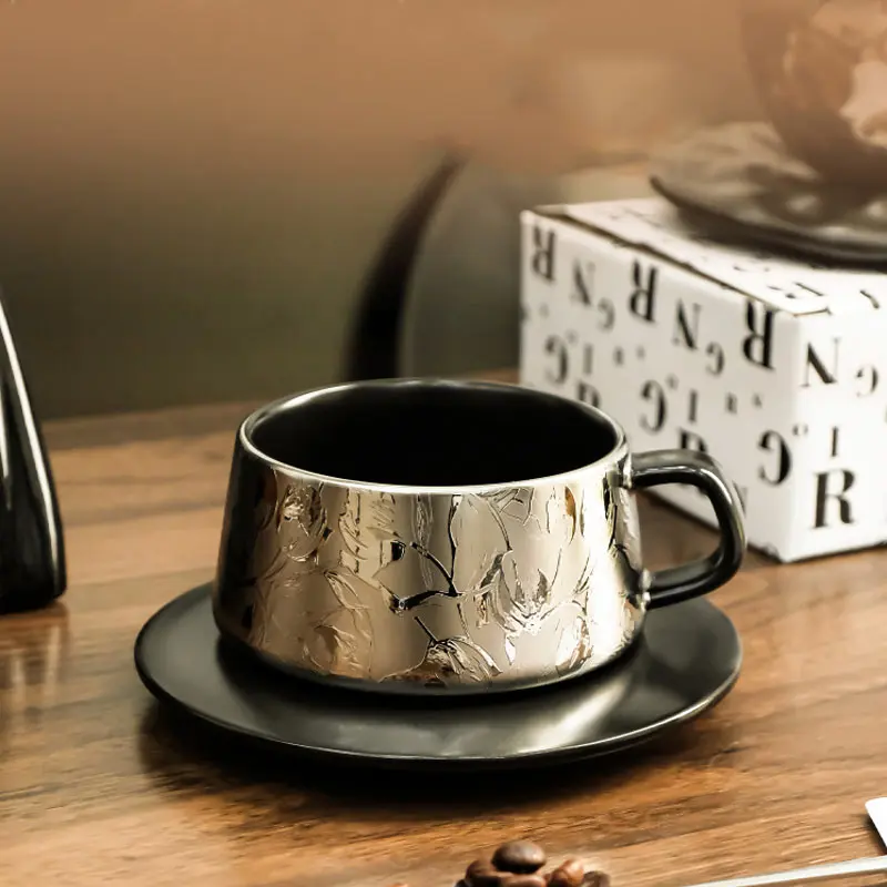 

High end exquisite tea set Black coffee cup plate Household ceramic cup Ladies' personal teacup mug Afternoon tea Dim sum plate