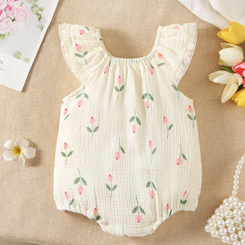 2025 New Summer Korean Style Climbing Suit Flying Sleeve Cotton Print Newborn Baby Girls Romper 0-24M Baby Girls Clothing