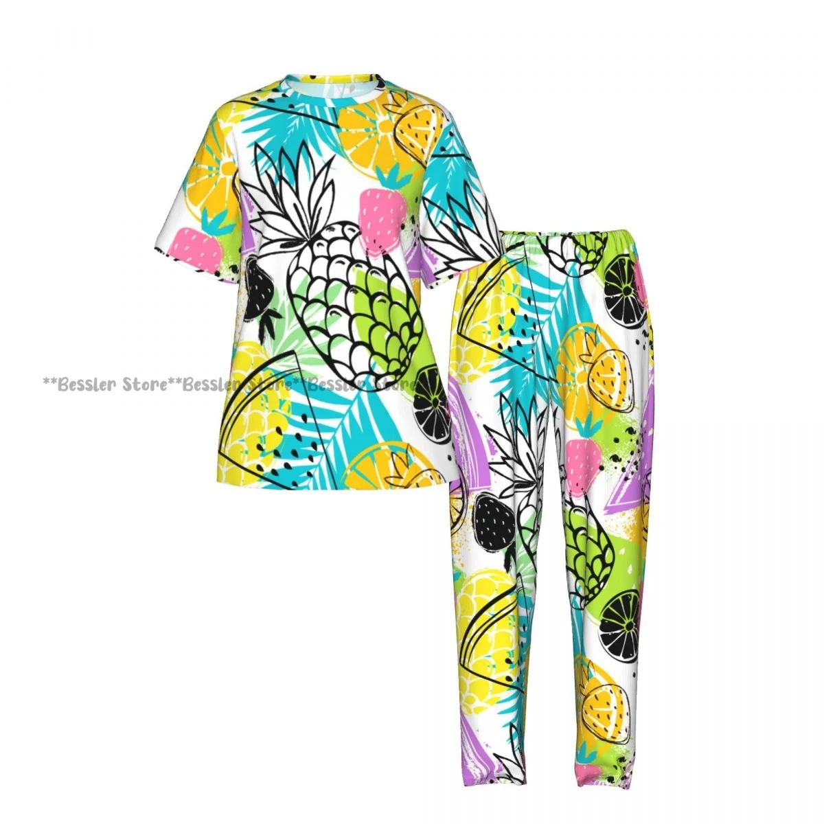Women's Pajamas Set Fashion Tropics Funny Pineapples Strawberries And Oranges Short Sleeve Sleepwear 2 Piece Homewear Loungewear