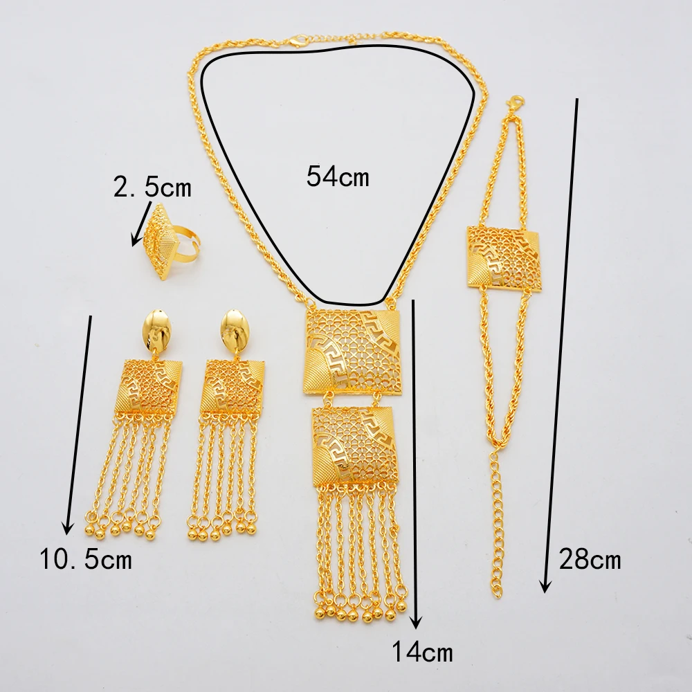 Hollow Gold Plated Long Tassel Women\'s Jewelry Set Dubai Banquet Wedding Necklace Jewelry Accessories