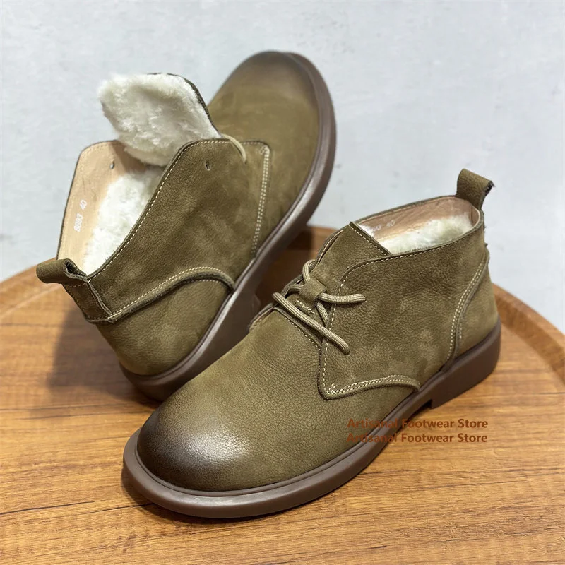 

Men's Khaki Leather Snow Boots Mid-Top Desert Ankle Booties Round Toe Soft Leather Soft-Soled Genuine Leather Men's Boots