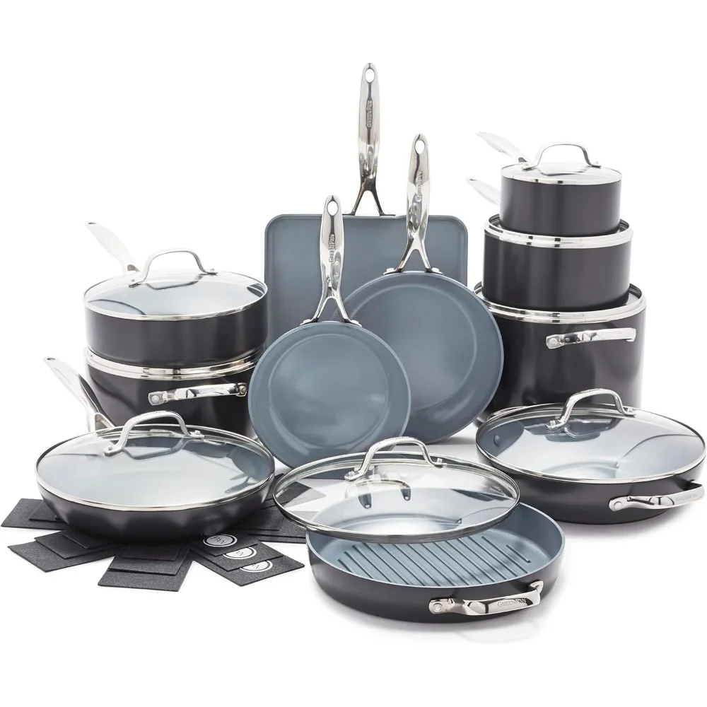 

Hard Anodized Healthy Ceramic Nonstick 22 Piece Cookware Pots & Pans Set, Fry Grill, Griddle,Dishwasher & Oven Safe,Gray