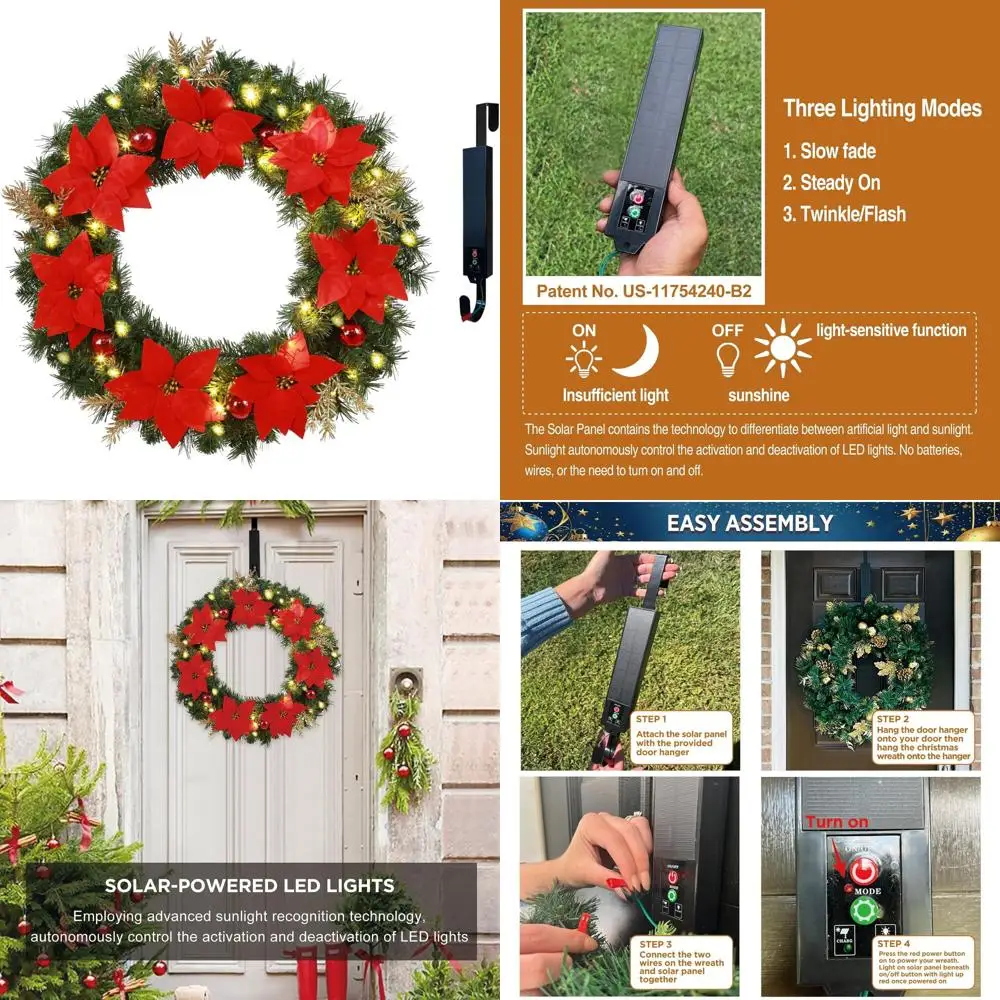 

30 Pre-Lit Solar LED Artificial Christmas Wreath with Poinsettias & Balls for Outdoor Door & Window Decor