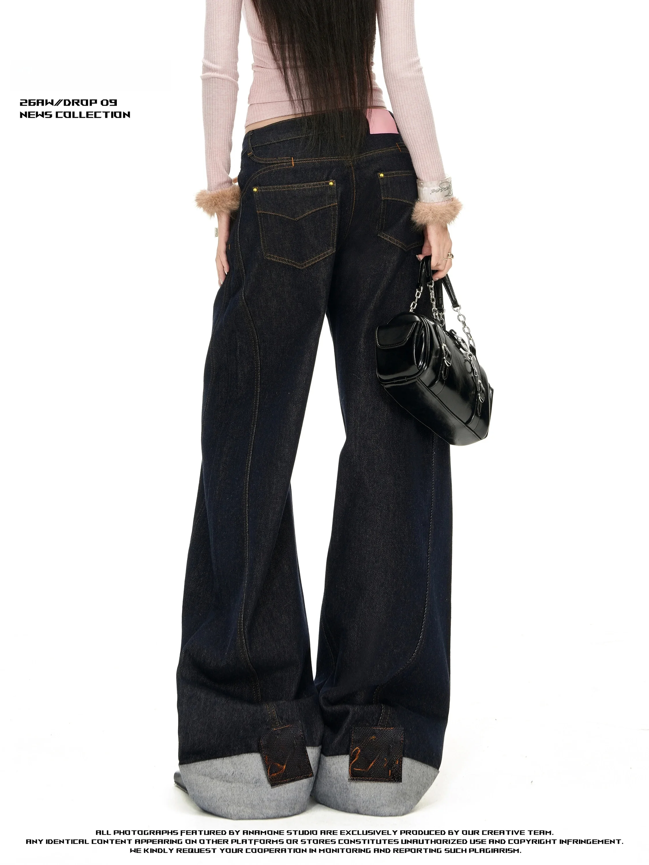 ANAMONE High Waist Wide Leg Denim Jeans Women's American Retro Flip  Design Sensation Autumn Trendy Pants Casual Blue