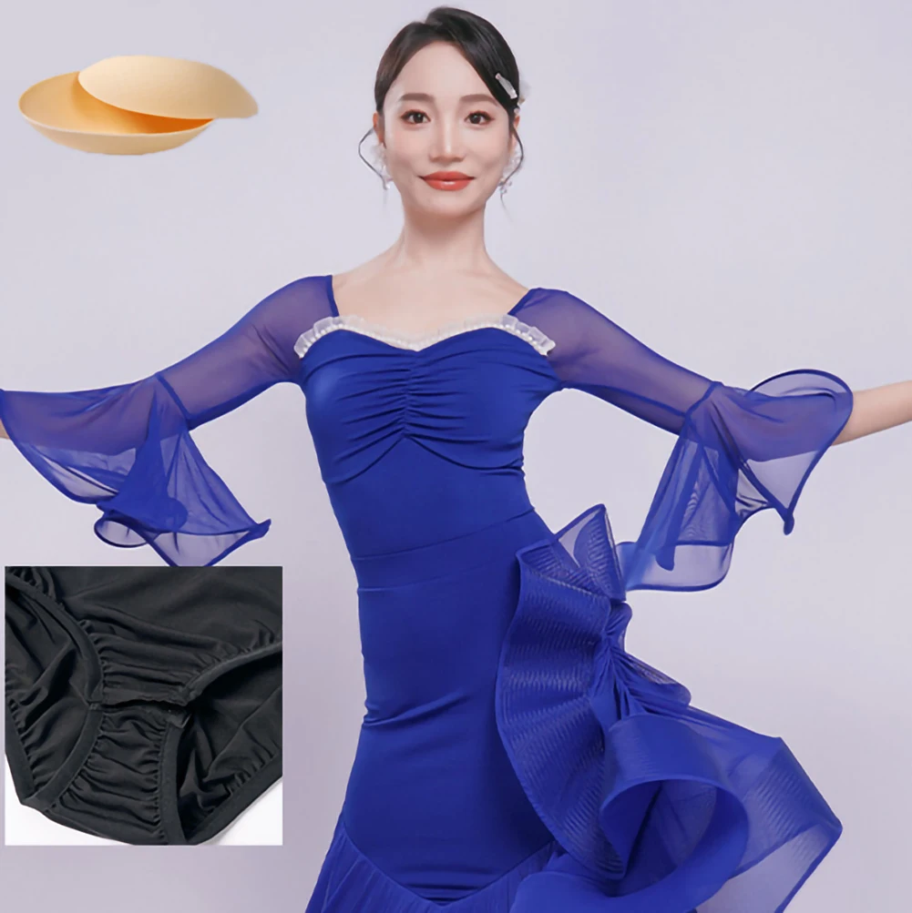 Vestido de baile de vals para mujer, chaqueta elegante de baile Cha Roland, mono morado, chaqueta de práctica de baile de salón, manga acampanada, turquesa