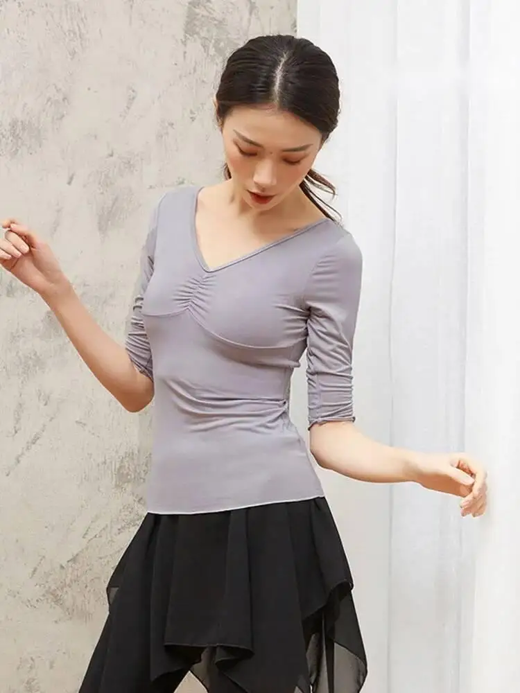 Damska koszulka do tańca klasycznego z dekoltem w serek, sznurkiem, krótkim rękawem, jednolity kolor, kostium, chiński ludowy strój sceniczny, na próbki i ćwiczenia.