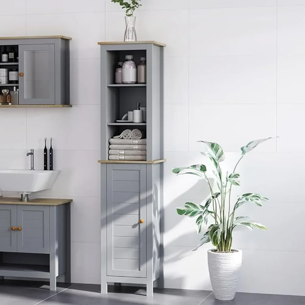 Bathroom Floor Storage Cabinet with 3 Tier Shelf and Cupboard with Door, Free Standing Linen Tower, Tall Slim Side Organizer