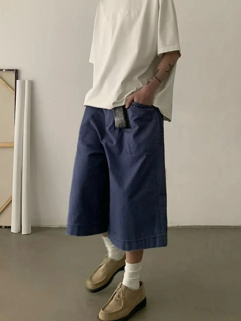 

Retro American Washed Blue Seven-Foot Loose Men's Pants Summer Spring Season Versatile Shape Couple's mid Waist Shorts