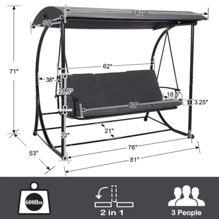 Modern Patio Swing for Outdoor Use, Steel Frame with Grey Fabric, Adjustable Canopy Removable Cushion, 2-in-1 Porch Swing Bed w