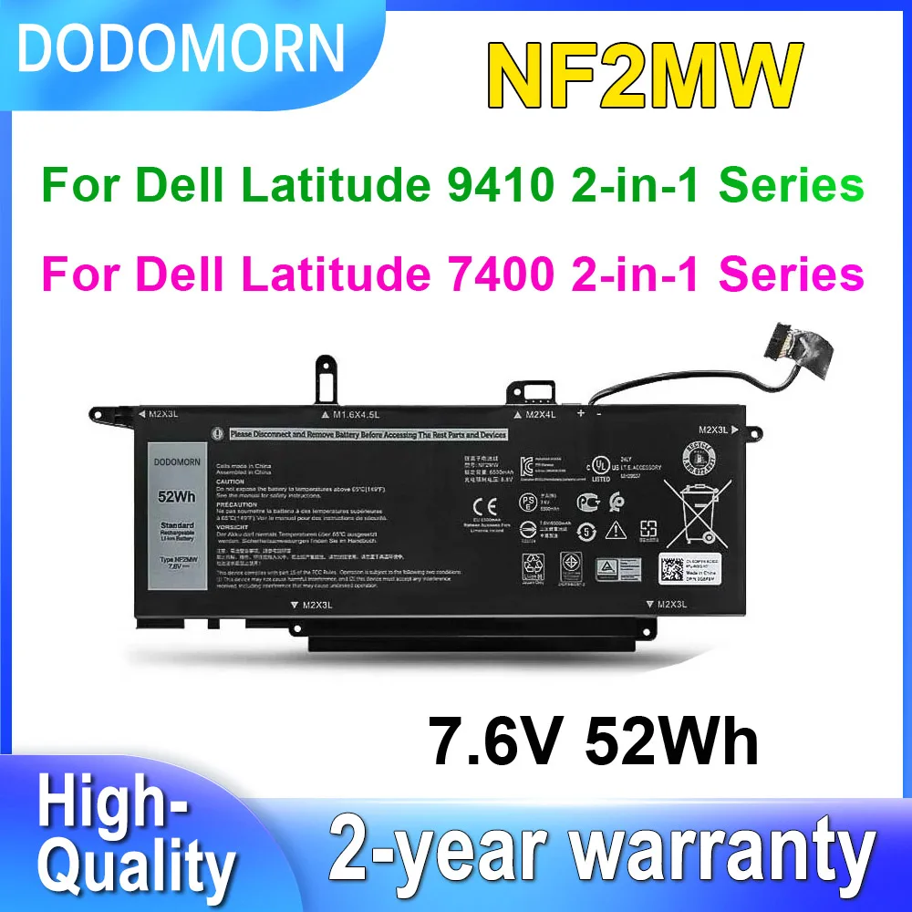 

DODOMORN NF2MW For Dell Latitude 7400 9410 2-in-1 Series Laptop Battery 7.6V 52Wh 02K0CK 0C76H7 0CHWV6 41M98 Replaceable