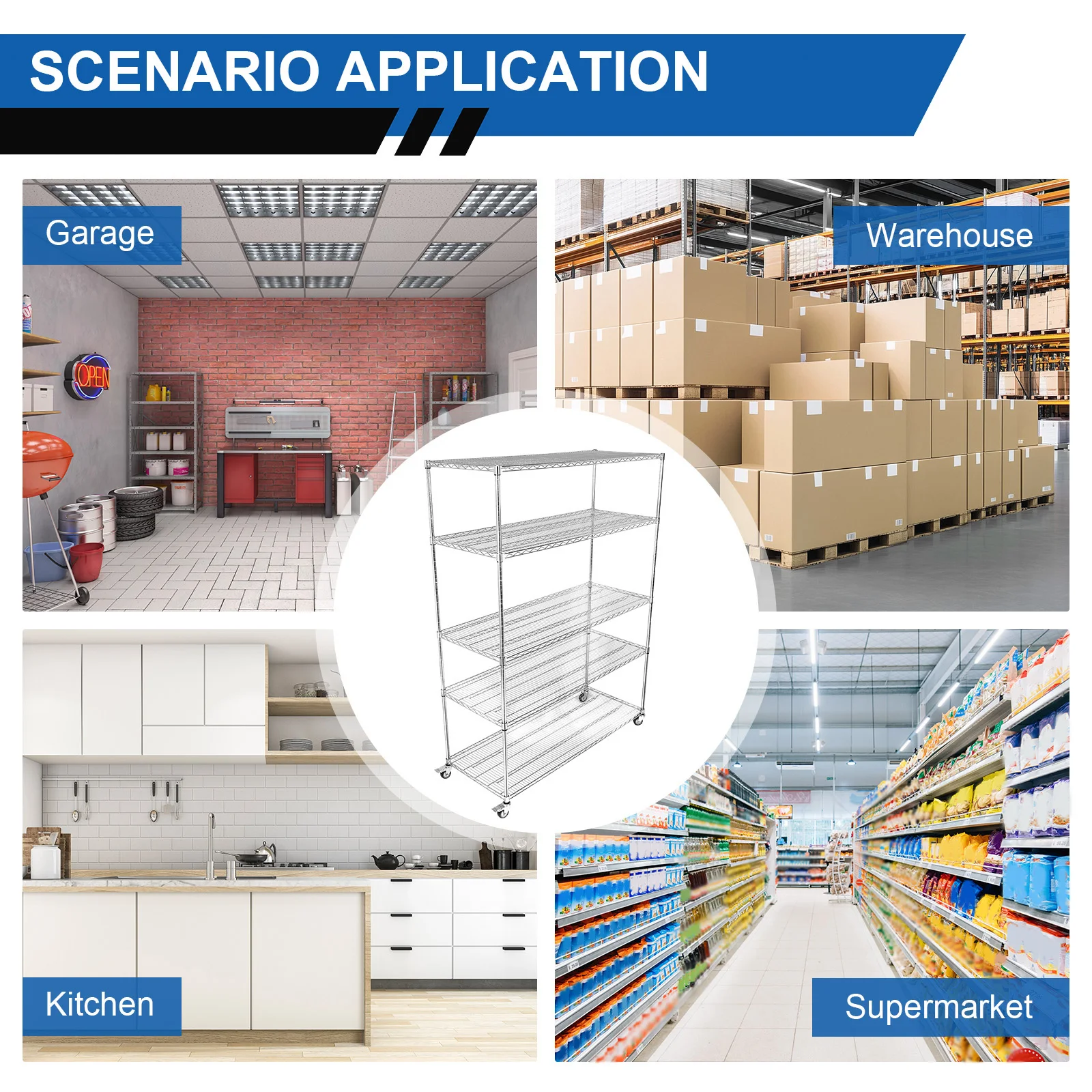 

5-ярусный стеллаж из проволочных полок повышенной прочности, грузоподъемность 7500 фунтов, 1518x609x2000 мм ​ Стеллажи для гаража, кладовки, коммерческих и промышленных помещений