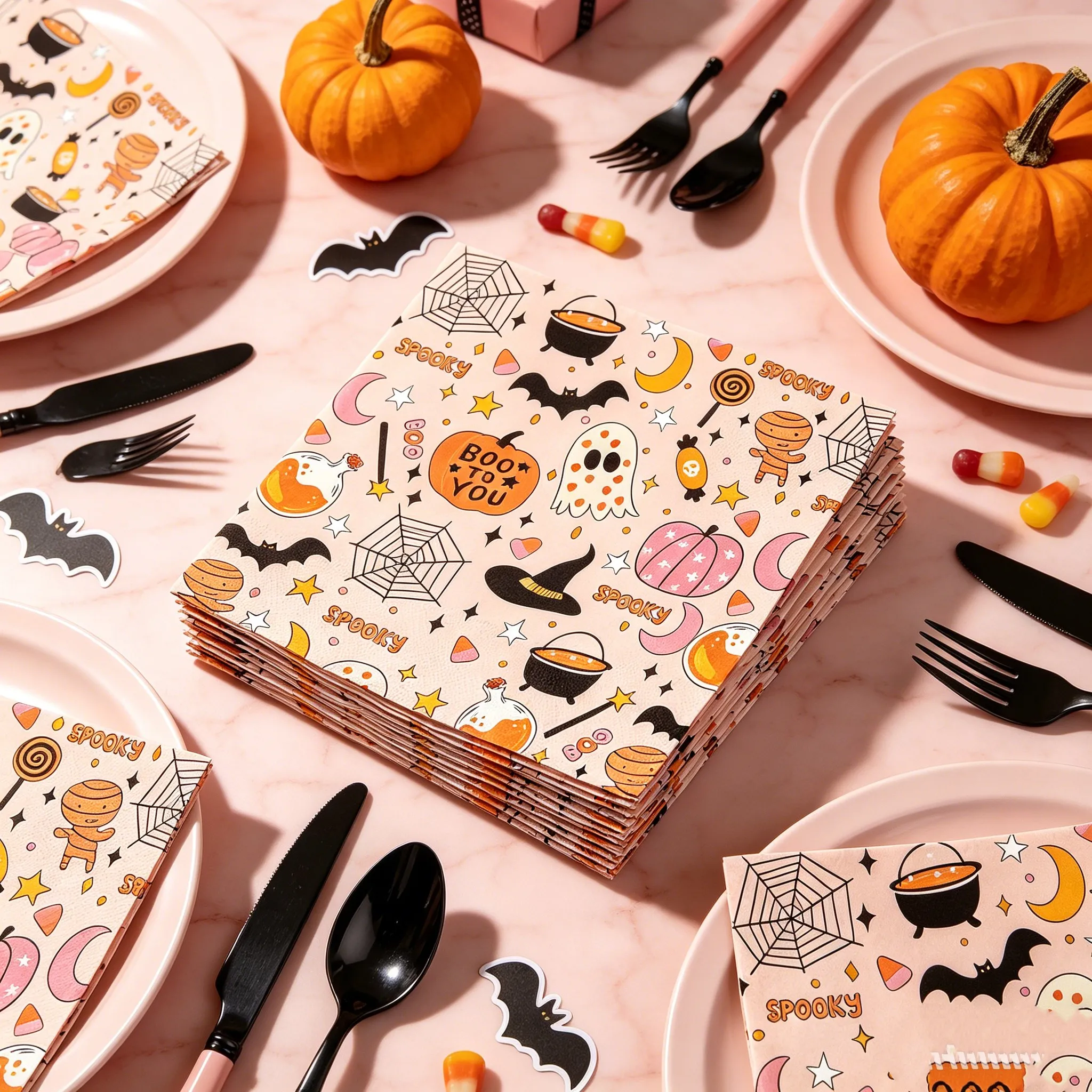 Pink Halloween Disposable Napkins Pumpkin Bat Witch Print, Boo To You Party Table Decor