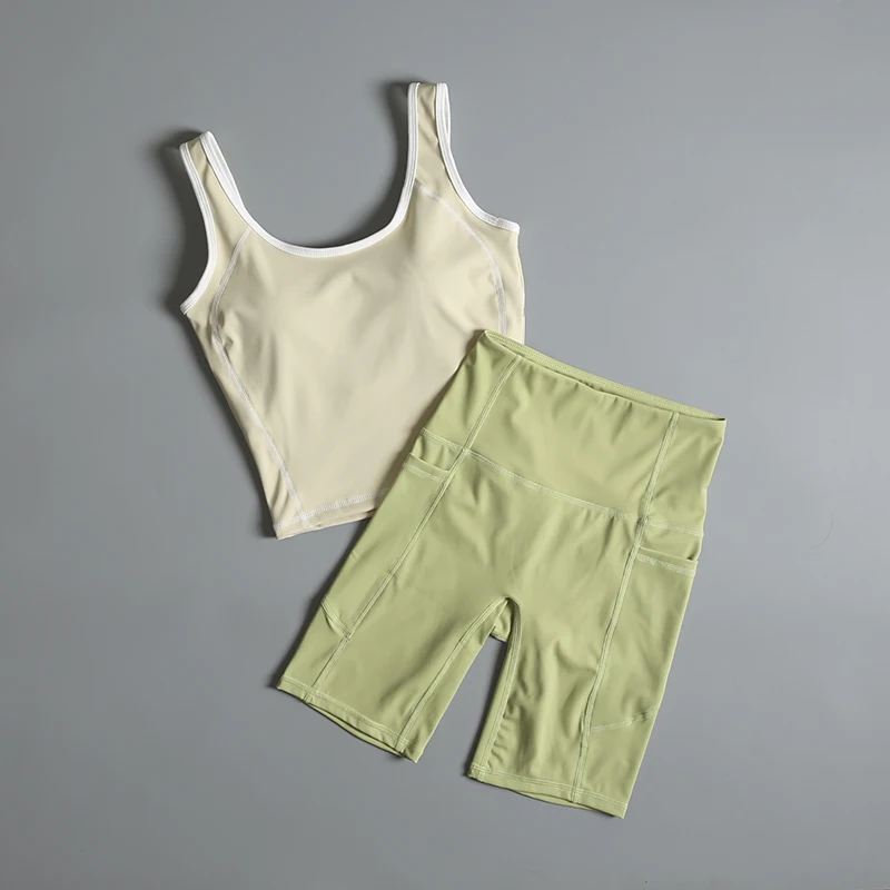 

Yoga suit women summer with chest pad gathering sports underwear for women running quick-drying fitness cycling five-point