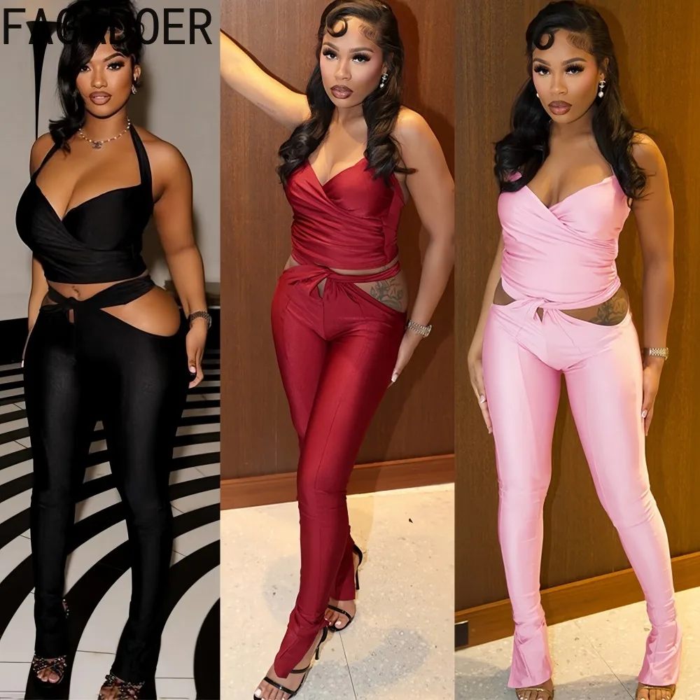 

FAGADOER Sexy Hollow-out Patchwork 2 Piece Sets Woman Outfit Halter Sleeveless Backless Crop Top and Pants Female Streetwear New