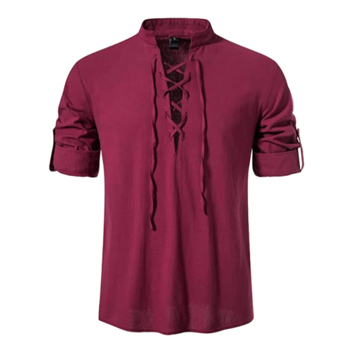 Camisa Masculina Retrô de Linho com Cadarço, Manga Longa, Gola Alta, Blusa Casual de Algodão e Linho, Estilo Medieval, Pirata, Viking, Renascentista, Cor Cáqui