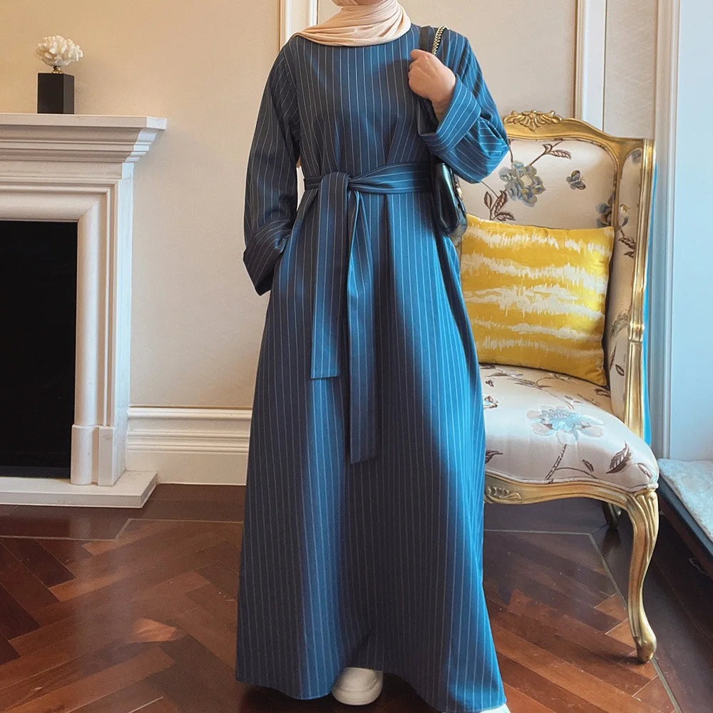 

Eid Ramadan Kaftan Women Muslim Maxi Dress Stripe Party Gown Belted Abaya Islamic Jalabiya Arab Robe Caftan Dubai Turkey Clothes