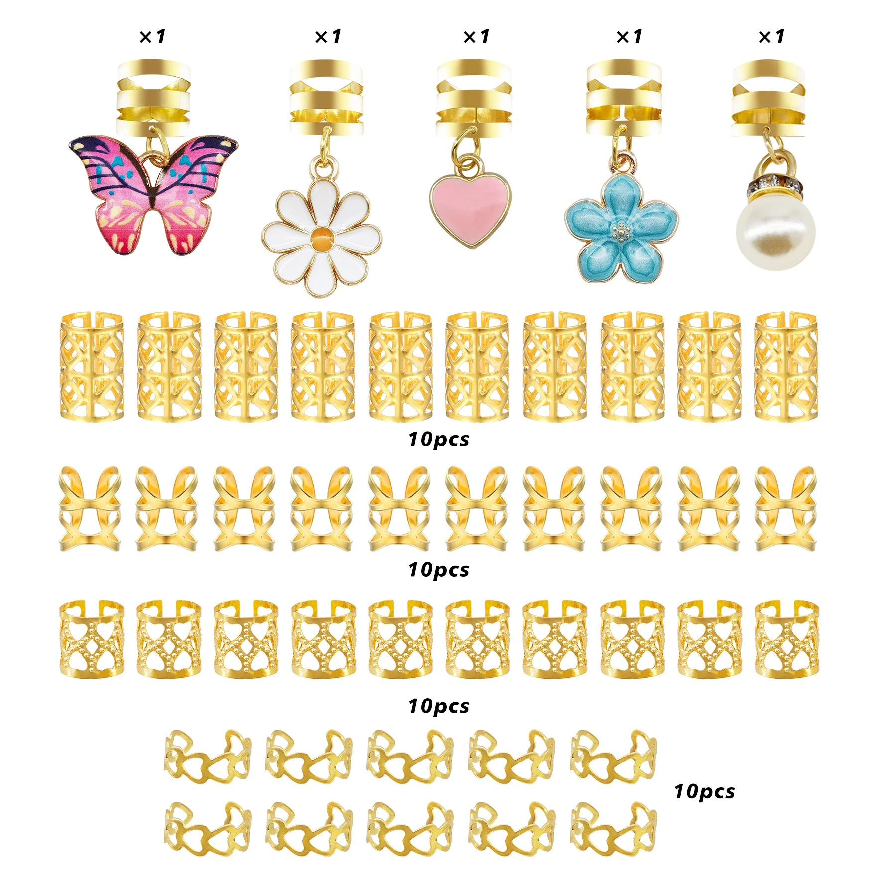 45 Stück rosa Herz- und Schmetterlings-Haarringe mit weißen Perlen und Gänseblümchen – zarte, verstellbare Manschetten, Haarschmuck für Dreadlocks – Detail 2