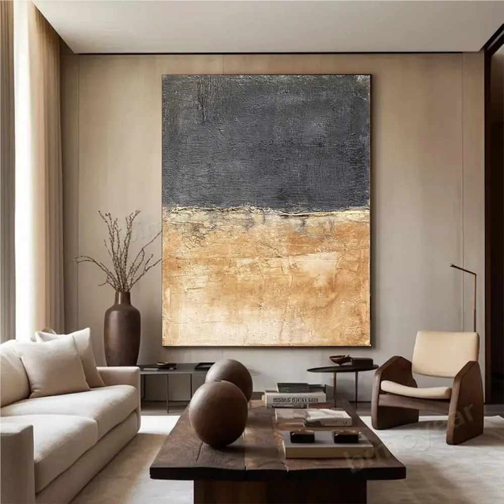 لوحة زيتية تجريدية مرسومة يدويًا بنسبة 100% باللونين الأسود والأصفر لوحة جدارية أصلية لتزيين غرفة المعيشة المنزلية طلاء جمال داخلي