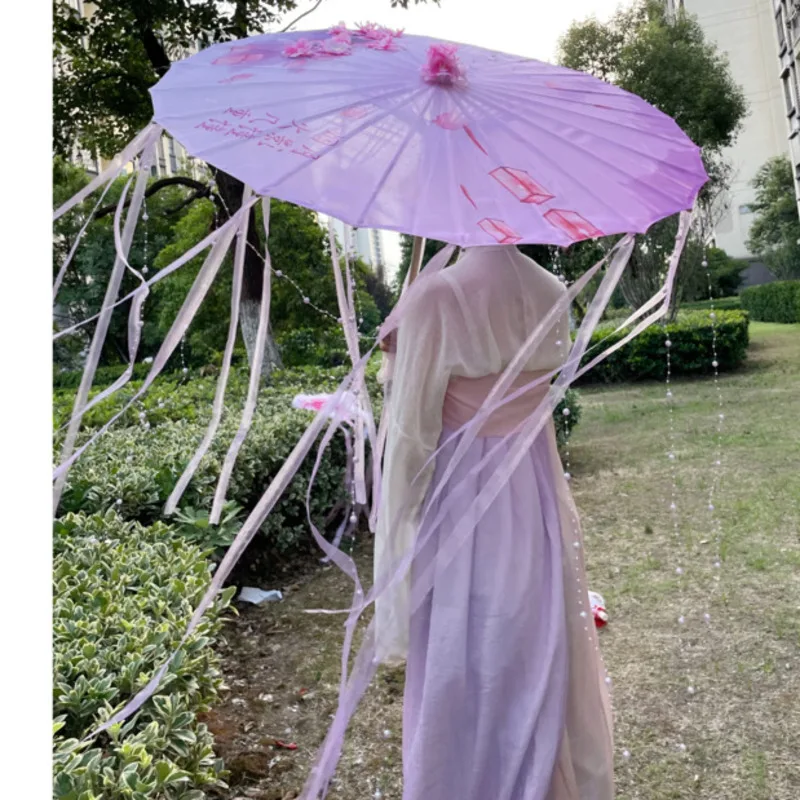 Vintage Hanfu Oiled Paper Umbrella Rain Women Photography Prop Rain proof Ribbon Tassels Umbrella Fan Paraguas Parasol