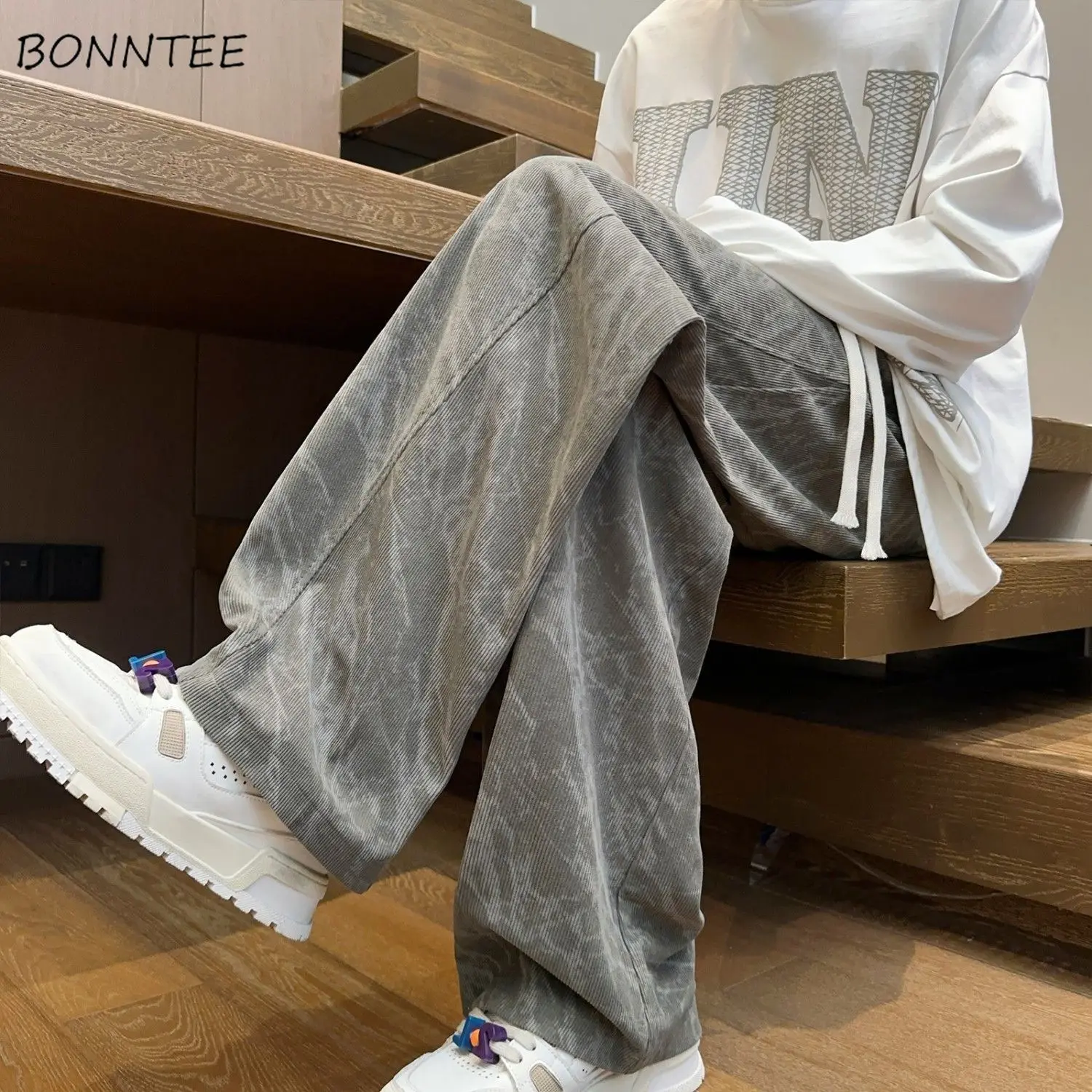 

Casual Pants Men Corduroy Plus Velvet Keep Warm Autumn Winter All-match Handsome Tie Dye Baggy Trousers Drawstring Fashion New